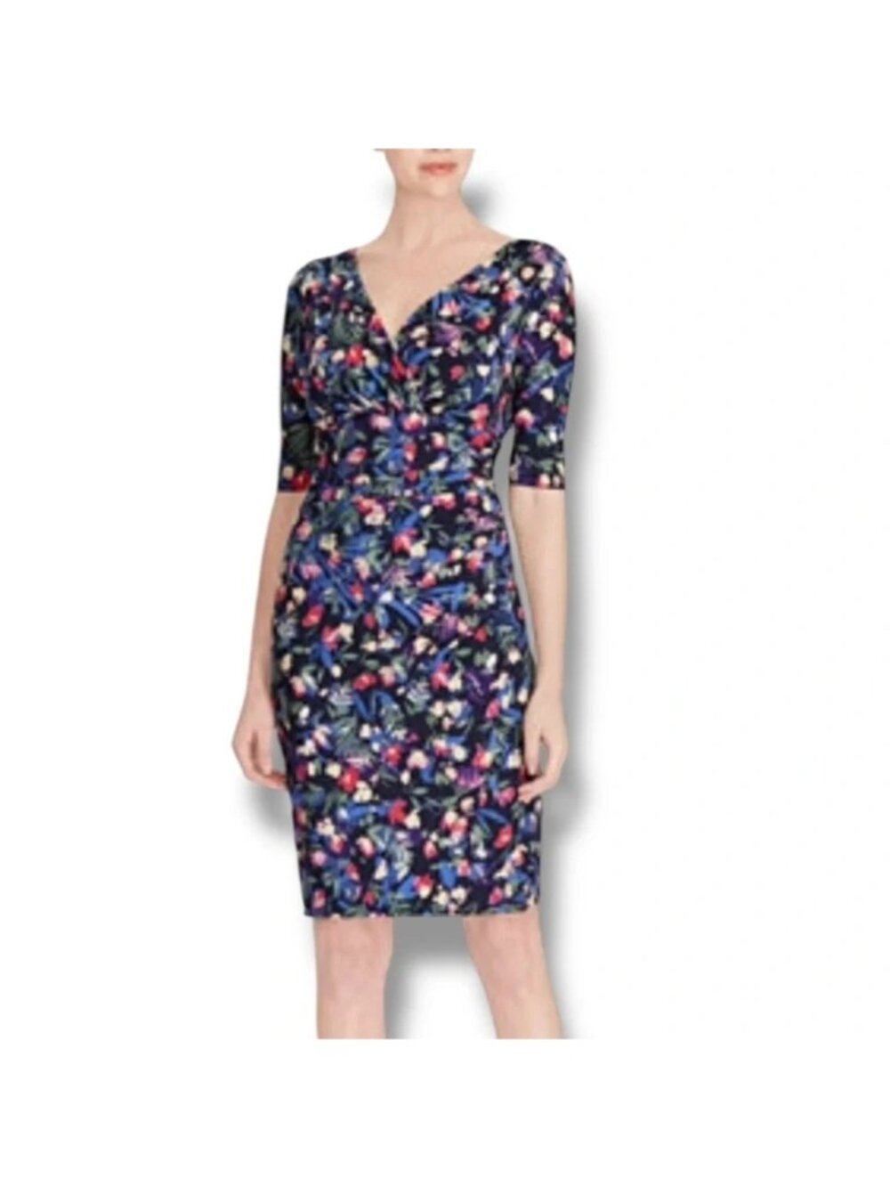 Lauren Ralph Lauren Floral Dress Navy Wrap Style 3/4 Sleeve Size 12 knit
